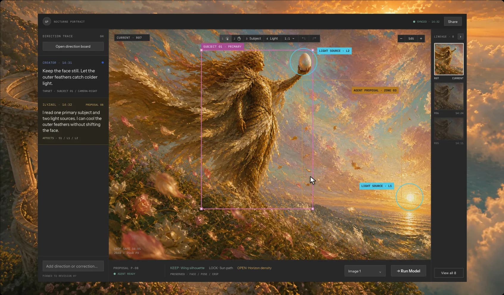 Ilyzael revision desk showing final refinement of a campaign image beside creator direction and agent interpretation