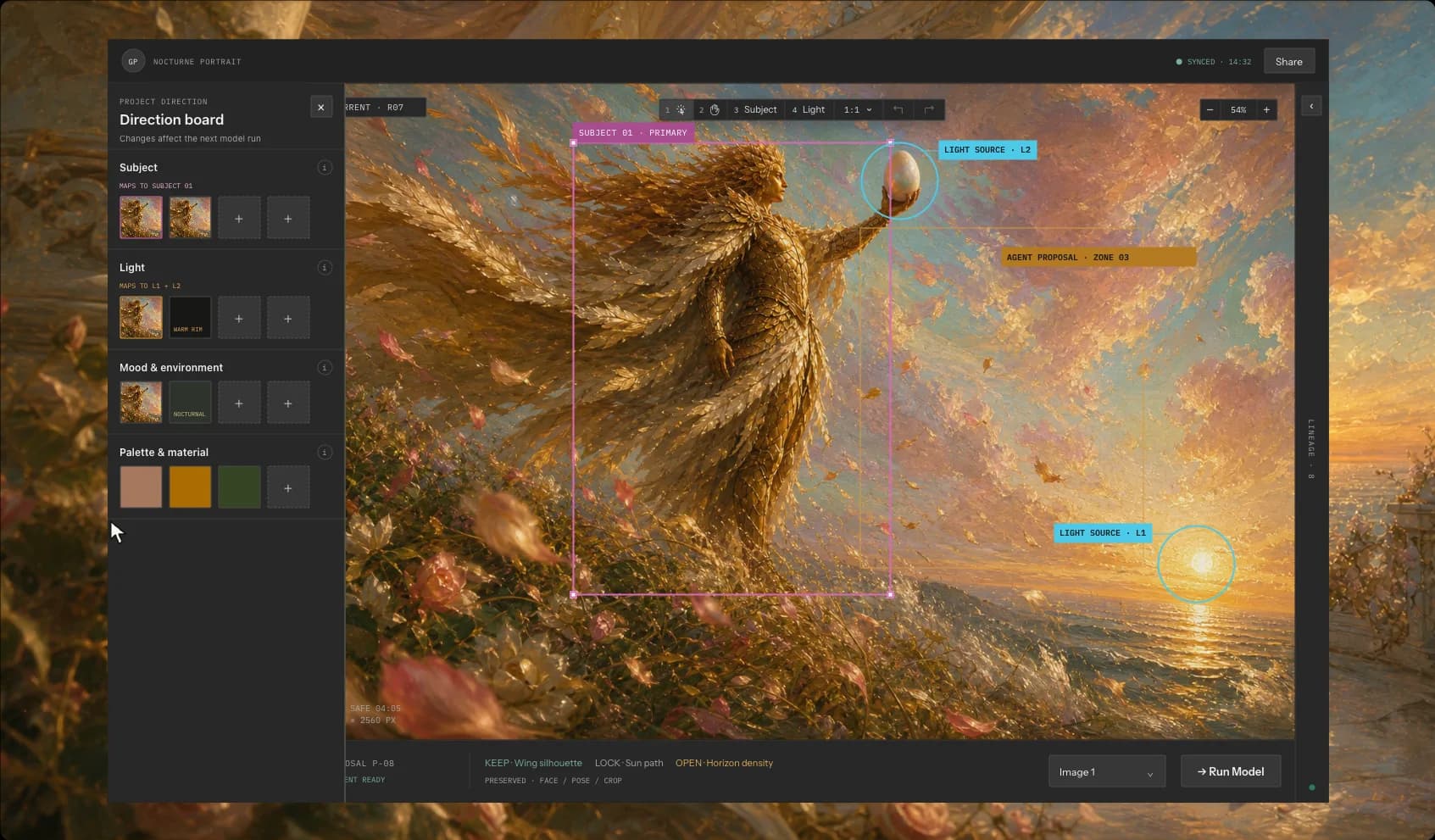 Ilyzael direction board organizing project references, candidates, and artistic direction in one shared space